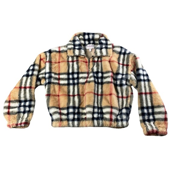 Honey & Sparkle Faux Fur Plaid Jacket Junior Size M 1/4 Zip - Picture 1 of 3